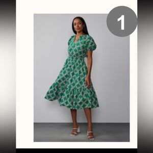 NY & Co V-Neck Geo Tiered Midi Dress Green Size M